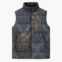 New Zealand She’ll Be Right Sleeveless Puffer Jacket NZ Slang No. 8 Wire Map Pattern