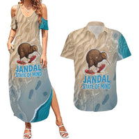 Kiwi Jandal Beach Life Couples Matching Summer Maxi Dress and Hawaiian Shirt New Zealand Flip Flops Ocean Wave Surf Style TS04 Beige Cyan - Polynesian Pride