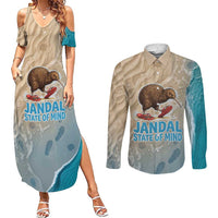Kiwi Jandal Beach Life Couples Matching Summer Maxi Dress and Long Sleeve Button Shirt New Zealand Flip Flops Ocean Wave Surf Style