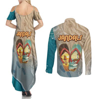 Kiwi Jandal Beach Life Couples Matching Summer Maxi Dress and Long Sleeve Button Shirt New Zealand Flip Flops Ocean Wave Surf Style