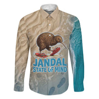 Kiwi Jandal Beach Life Family Matching Mermaid Dress and Hawaiian Shirt New Zealand Flip Flops Ocean Wave Surf Style TS04 Dad's Shirt - Long Sleeve Beige Cyan - Polynesian Pride