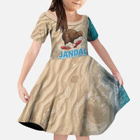 Kiwi Jandal Beach Life Family Matching Off The Shoulder Long Sleeve Dress and Hawaiian Shirt New Zealand Flip Flops Ocean Wave Surf Style TS04 Daughter's Dress Beige Cyan - Polynesian Pride