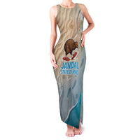 Kiwi Jandal Beach Life Family Matching Tank Maxi Dress and Hawaiian Shirt New Zealand Flip Flops Ocean Wave Surf Style TS04 Mom's Dress Beige Cyan - Polynesian Pride