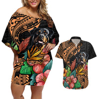 Polynesian Rottweiler Couples Matching Off Shoulder Short Dress and Hawaiian Shirt Polynesian Pattern And Rottweiler TS04 Black - Polynesian Pride