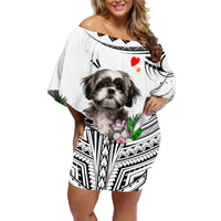 Polynesian Shih Tzu Off Shoulder Short Dress Polynesian Pattern And Shih Tzu TS04 Women White - Polynesian Pride