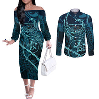 Chuuk Deep Into Truk Lagoon Couples Matching Off The Shoulder Long Sleeve Dress and Long Sleeve Button Shirt Polynesian Tribal Pattern Wreck Diving Teal Ship Art