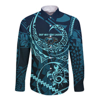 Chuuk Deep Into Truk Lagoon Long Sleeve Button Shirt Polynesian Tribal Pattern Wreck Diving Teal Ship Art