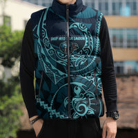 Chuuk Deep Into Truk Lagoon Sleeveless Puffer Jacket Polynesian Tribal Pattern Wreck Diving Teal Ship Art