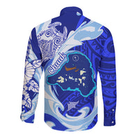 Chuuk Micronesian Roots Long Sleeve Button Shirt Polynesian Tribal Pattern Hibiscus Flower And Stingray Art