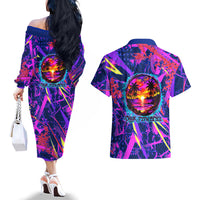 Chuuk Tropical Sunset Coordinates Couples Matching Off The Shoulder Long Sleeve Dress and Hawaiian Shirt Neon Graffiti Polynesian Tribal