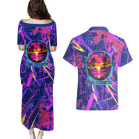 Chuuk Tropical Sunset Coordinates Couples Matching Puletasi and Hawaiian Shirt Neon Graffiti Polynesian Tribal