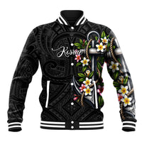 Kosrae Nautical Heritage Baseball Jacket Polynesian Tribal Anchor With Plumeria Tropical Art