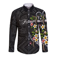 Kosrae Nautical Heritage Long Sleeve Button Shirt Polynesian Tribal Anchor With Plumeria Tropical Art