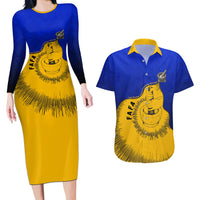 Kosrae Fafa Culinary Heritage Couples Matching Long Sleeve Bodycon Dress and Hawaiian Shirt Kosraean Gold Taro Tradition Illustration With Coconut Leaves