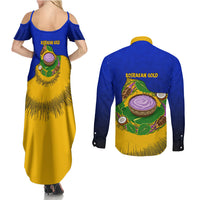 Kosrae Fafa Culinary Heritage Couples Matching Summer Maxi Dress and Long Sleeve Button Shirt Kosraean Gold Taro Tradition Illustration With Coconut Leaves
