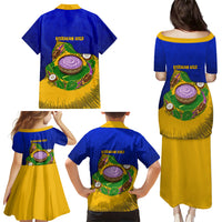 Kosrae Fafa Culinary Heritage Family Matching Puletasi and Hawaiian Shirt Kosraean Gold Taro Tradition Illustration With Coconut Leaves