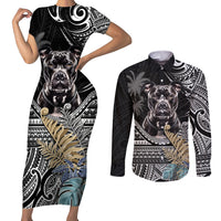 Polynesian Pitbull Couples Matching Short Sleeve Bodycon Dress and Long Sleeve Button Shirts Polynesian Pattern And Pitbull TS04 Black - Polynesian Pride
