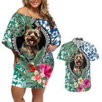 Polynesian Yorkshire Terrier Couples Matching Off Shoulder Short Dress and Hawaiian Shirt Polynesian Pattern And Yorkshire Terrier TS04 Multicolor - Polynesian Pride