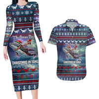 Tonga Christmas Couples Matching Long Sleeve Bodycon Dress and Hawaiian Shirt with Singing Whale Ocean Scene National Coat of Arms TS04 Multicolor - Polynesian Pride