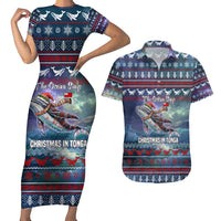 Tonga Christmas Couples Matching Short Sleeve Bodycon Dress and Hawaiian Shirt with Singing Whale Ocean Scene National Coat of Arms TS04 Multicolor - Polynesian Pride