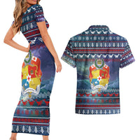 Tonga Christmas Couples Matching Short Sleeve Bodycon Dress and Hawaiian Shirt with Singing Whale Ocean Scene National Coat of Arms TS04 - Polynesian Pride