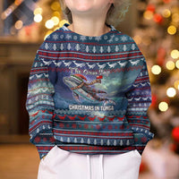 Tonga Christmas Kid Ugly Christmas Sweater with Singing Whale Ocean Scene National Coat of Arms - Polynesian Pride