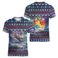 Tonga Christmas Women V-Neck T-Shirt with Singing Whale Ocean Scene National Coat of Arms - Polynesian Pride