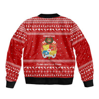 Tonga Christmas Sleeve Zip Bomber Jacket with Sea Turtle Coral Reef Design Snowflake Pattern and National Emblem - Polynesian Pride