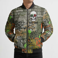Yeah Nah Graffiti Skull New Zealand Slang Bomber Puffer Jacket Kiwi Grunge Brick Wall and Bold Urban Street Art