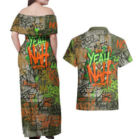 Yeah Nah Graffiti Skull New Zealand Slang Couples Matching Off Shoulder Maxi Dress and Hawaiian Shirt Kiwi Grunge Brick Wall and Bold Urban Street Art TS04 - Polynesian Pride