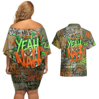 Yeah Nah Graffiti Skull New Zealand Slang Couples Matching Off Shoulder Short Dress and Hawaiian Shirt Kiwi Grunge Brick Wall and Bold Urban Street Art TS04 - Polynesian Pride