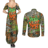 Yeah Nah Graffiti Skull New Zealand Slang Couples Matching Summer Maxi Dress and Long Sleeve Button Shirt Kiwi Grunge Brick Wall and Bold Urban Street Art TS04 - Polynesian Pride