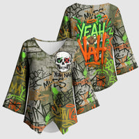 Yeah Nah Graffiti Skull New Zealand Slang Kimono Sleeve Blouse Kiwi Grunge Brick Wall and Bold Urban Street Art TS04 - Polynesian Pride
