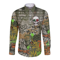 Yeah Nah Graffiti Skull New Zealand Slang Long Sleeve Button Shirt Kiwi Grunge Brick Wall and Bold Urban Street Art TS04 Unisex Multicolor - Polynesian Pride