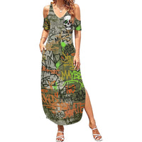 Yeah Nah Graffiti Skull New Zealand Slang Summer Maxi Dress Kiwi Grunge Brick Wall and Bold Urban Street Art TS04 Women Multicolor - Polynesian Pride