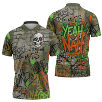 Yeah Nah Graffiti Skull New Zealand Slang Zipper Polo Shirt Kiwi Grunge Brick Wall and Bold Urban Street Art TS04 - Polynesian Pride