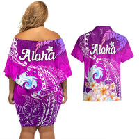 Hawaii Plumeria Flower Couples Matching Off Shoulder Short Dress and Hawaiian Shirt Plumeria FLowers And Polynesian Pattern TS04 - Polynesian Pride