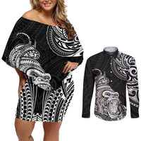 Hawaii Polynesian Couples Matching Off Shoulder Short Dress and Long Sleeve Button Shirts Gorila Tatoo Polynesian Style TS04 Black - Polynesian Pride
