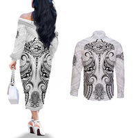 Hawaii Polynesian Couples Matching Off The Shoulder Long Sleeve Dress and Long Sleeve Button Shirts Warrior symbol TS04 - Polynesian Pride