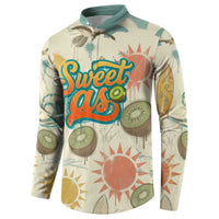 NZ Slang Sweet As Kiwi Shaka Sign Button Sweatshirt New Zealand Surfboards Sun and Tropical Beach Retro