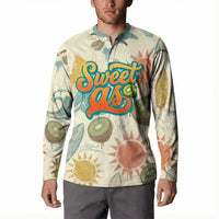 NZ Slang Sweet As Kiwi Shaka Sign Button Sweatshirt New Zealand Surfboards Sun and Tropical Beach Retro