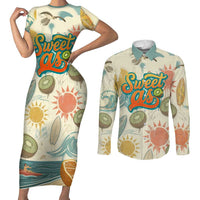 NZ Slang Sweet As Kiwi Shaka Sign Couples Matching Short Sleeve Bodycon Dress and Long Sleeve Button Shirt New Zealand Surfboards Sun and Tropical Beach Retro TS04 Beige - Polynesian Pride