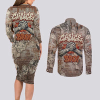 Choice Bro Graffiti Handshake Couples Matching Long Sleeve Bodycon Dress and Long Sleeve Button Shirt New Zealand Slang Fern Brick Wall and Urban Street Art TS04 - Polynesian Pride
