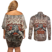 Choice Bro Graffiti Handshake Couples Matching Off Shoulder Short Dress and Long Sleeve Button Shirt New Zealand Slang Fern Brick Wall and Urban Street Art TS04 - Polynesian Pride