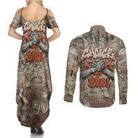Choice Bro Graffiti Handshake Couples Matching Summer Maxi Dress and Long Sleeve Button Shirt New Zealand Slang Fern Brick Wall and Urban Street Art TS04 - Polynesian Pride