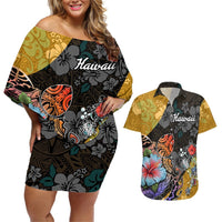 Hawaii Polynesian Couples Matching Off Shoulder Short Dress and Hawaiian Shirt Turtles and Hibiscus Flower Gradient Pattern TS04 Multicolor - Polynesian Pride