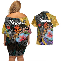 Hawaii Polynesian Couples Matching Off Shoulder Short Dress and Hawaiian Shirt Turtles and Hibiscus Flower Gradient Pattern TS04 - Polynesian Pride
