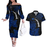 Pohnpei Federated States Of Micronesia Couples Matching Off The Shoulder Long Sleeve Dress and Hawaiian Shirt Polynesian Tribal Heritage Art With Blue Island Tattoo Patterns