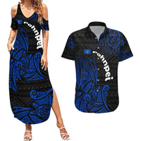 Pohnpei Federated States Of Micronesia Couples Matching Summer Maxi Dress and Hawaiian Shirt Polynesian Tribal Heritage Art With Blue Island Tattoo Patterns