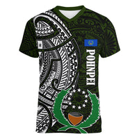 Pohnpei Federated States Of Micronesia Women V-Neck T-Shirt Polynesian Tribal Heritage Art With Kaselehlie State Seal